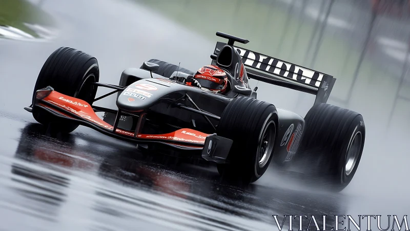 Formula race car powers through wet circuit in heavy rain.