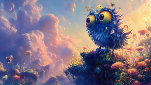 Large-eyed blue owl stands on floral cliff in vivid sky