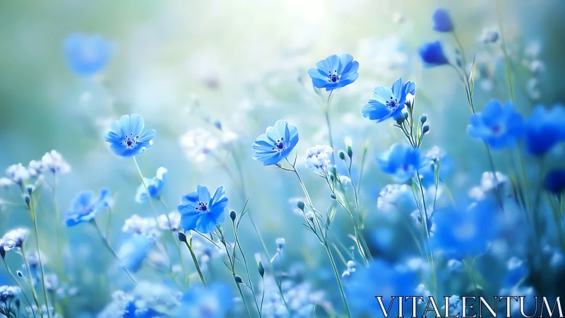 Blue Wildflowers in Soft Focus Field.