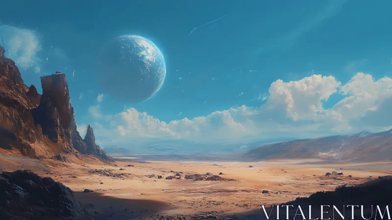 Exoplanetary desert plain under colossal atmospheric moonrise.