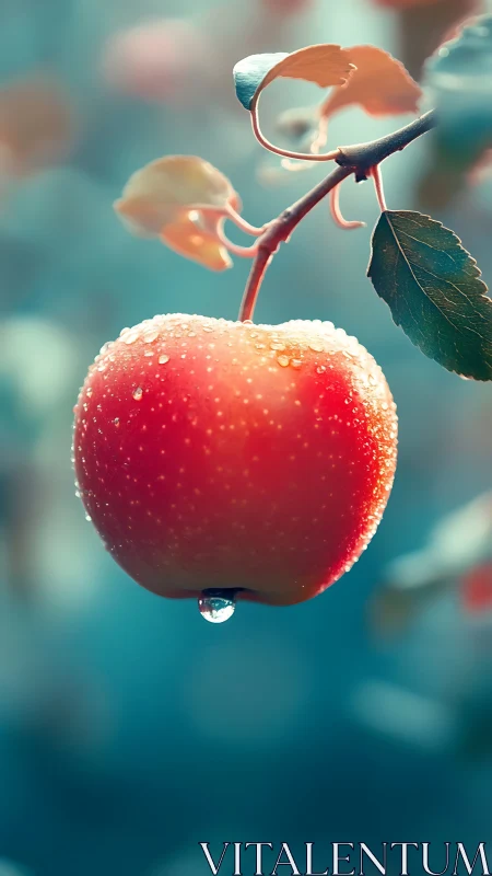 Photorealistic red apple with dewdrops on soft teal bokeh background.