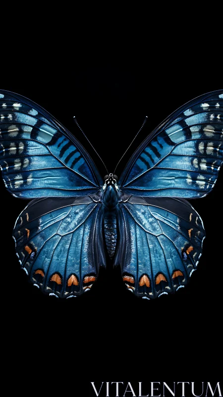 Iridescent blue butterfly spreads luminous patterned wings.