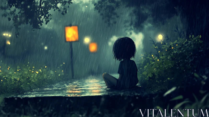 Backlit child in rain observing defocused lanterns along wet path