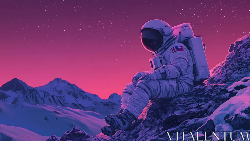Starlit astronaut pauses on neon dusk alpine outcrop
