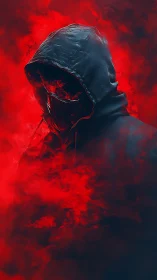 Hooded guardian rises from swirling red smoke in shadow