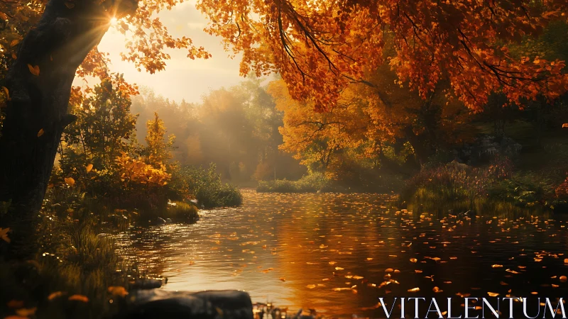 Sunlit autumn river scene presents layered foliage and water
