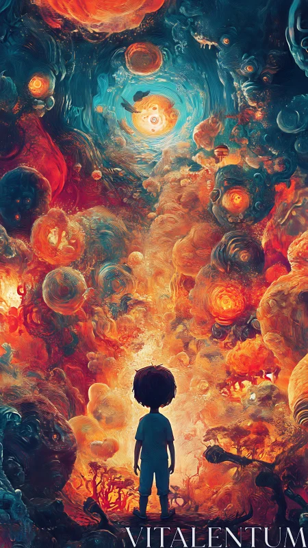 Child silhouette facing swirling cosmic dreamscape.
