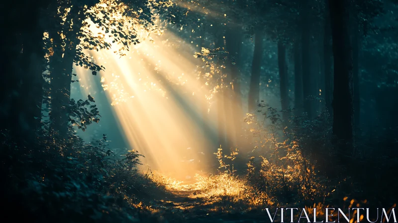 Ethereal sunlight pierces misty forest canopy with divine rays.
