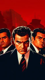 Triadic mobster portrait under saturated red skyline background