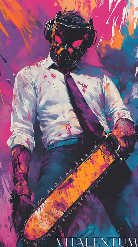 Masked antihero stands bold in neon chaos and color.