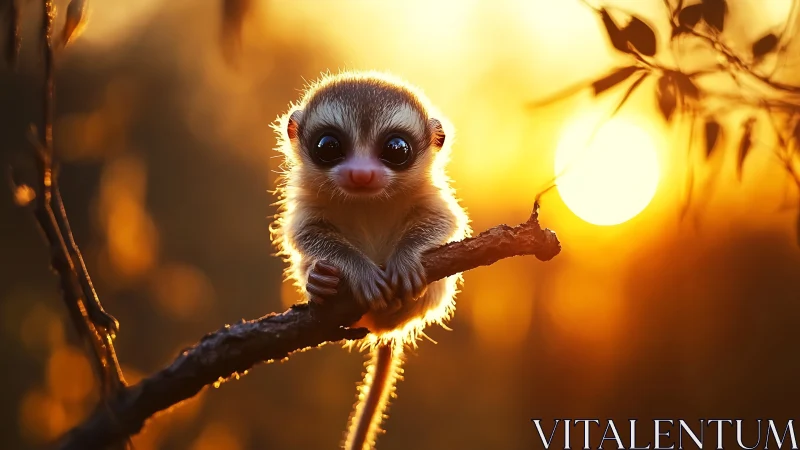 Baby primate on branch against glowing sunset bokeh.