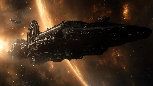 Massive detailed starship passes illuminated gas giant