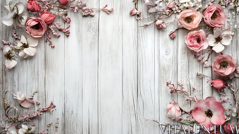 Pink Flowers and Petals on Whitewashed Wood.