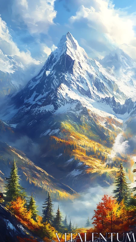 Snow-covered mountain above autumn conifer forest landscape.