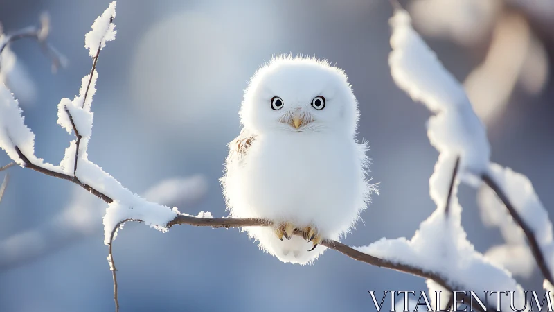 Fluffy white owl perched on snowy branch in soft winter light.