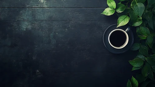 Black coffee cup on dark wooden table with green leaves