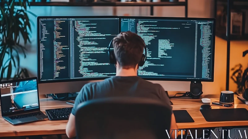 Headphoned night coder amid twin screens of neon syntax.