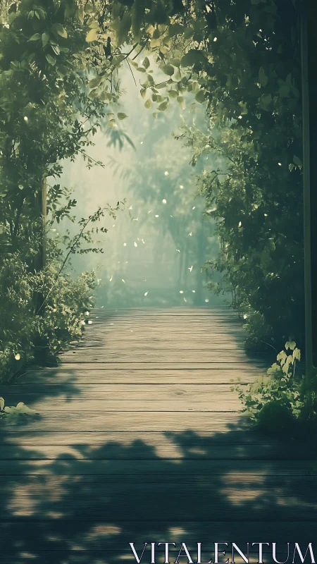 Forest pathway with wooden bridge and dappled light through canopy