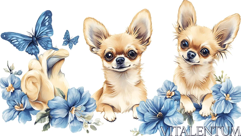 Watercolor Chihuahuas framed by blue florals and butterflies