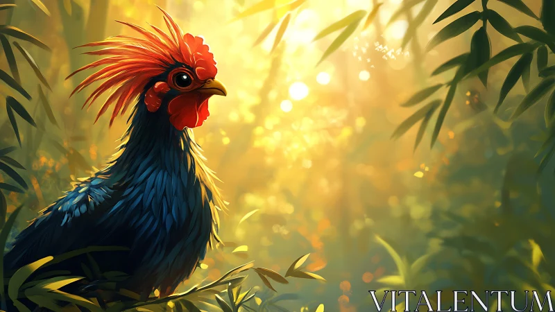 Ornate Rooster with Crimson Crest in Golden Sunlit Garden.