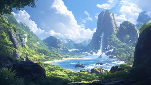 Verdant Coastal Valley with Cascading Waterfall and Turquoise Waters.