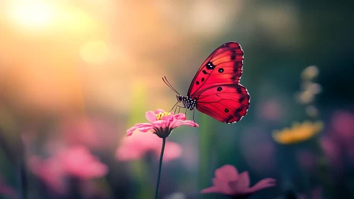 Macro study of red butterfly on pink blossom at golden hour