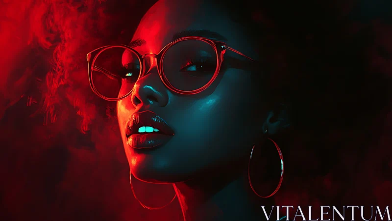 Cool neon glow around a confident woman in red glasses.