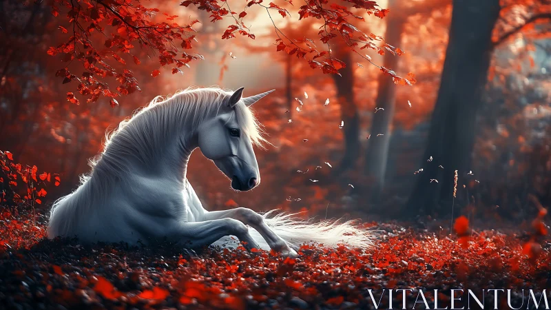 Moonlit unicorn dozes beneath a blazing crimson canopy