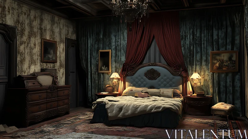 Digital painting of a dimly lit vintage baroque bedroom interior.