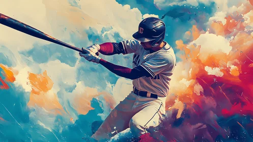 Dynamic baseball swing in high-impact digital painting style.