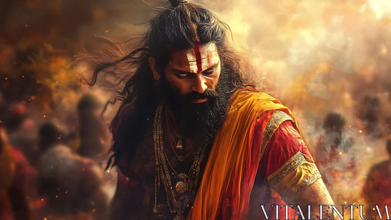 Firelit warrior sage striding through swirling sacred embers.