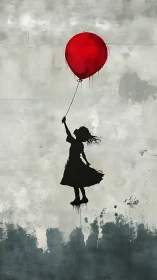 Silhouette girl ascends with red balloon against weathered wall