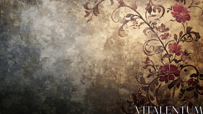 Weathered wall grows a blooming scroll of crimson memory