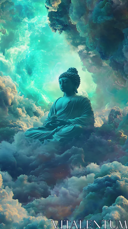 Celestial Buddha sculpture floats within radiant turquoise clouds.