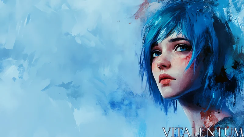 Melancholic blue haired girl framed by expressive paint strokes.