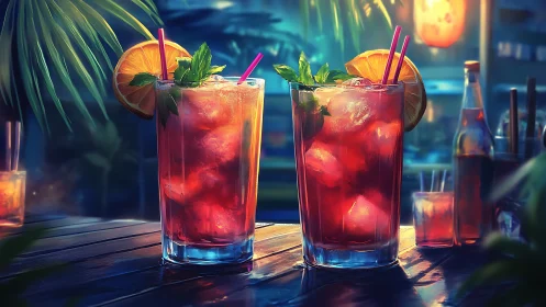 Twilight Elixir: Ruby Cocktails Gleam Under Neon-Kissed Skies.