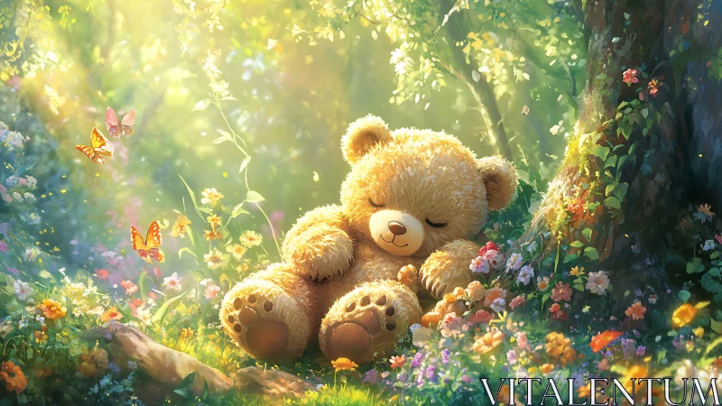 Sleeping plush bear rendered in luminous forest digital painting