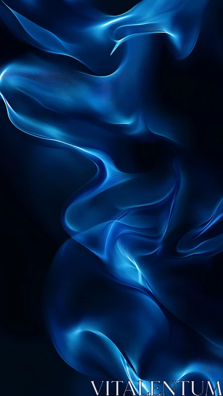 Digital painting of luminous blue fluid ribbons on black field.