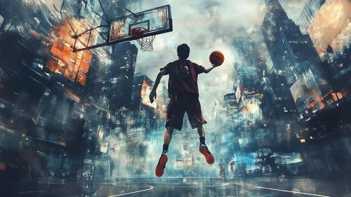 Kinetic urban basketball leap within painterly cityscape matrix.