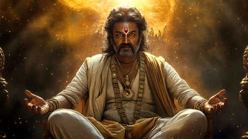 Mythic warrior on golden throne under radiant celestial vortex.