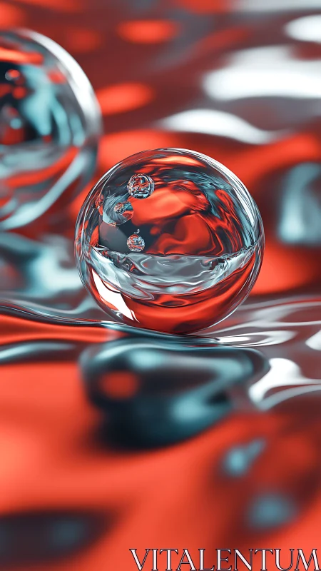Liquid glass sphere floats above rippling red surface.