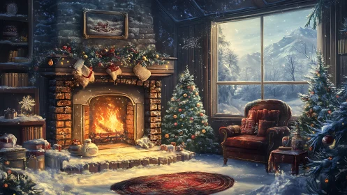 Snowy Christmas living room with fireplace and trees.