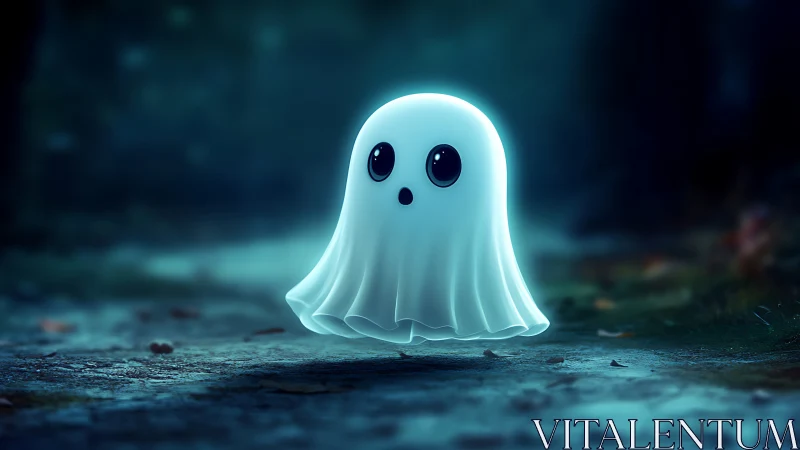 Cute glowing ghost drifts through a misty moonlit forest