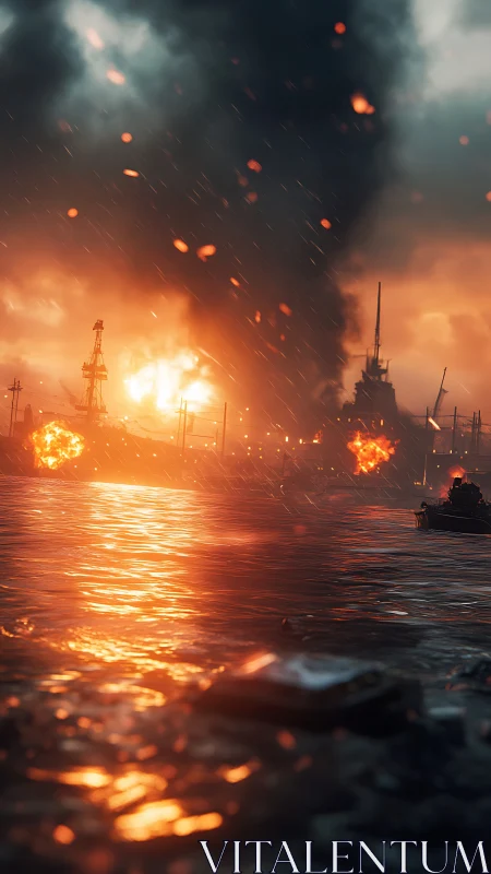 Naval Inferno: Pyrotechnic Combat Scenario in Storm.