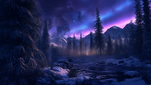 Winter river under aurora sky in alpine conifer forest.