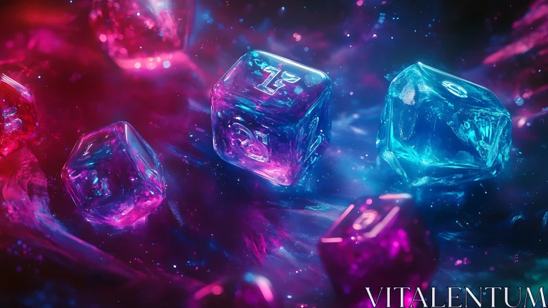 Neon polyhedral dice glow in swirling cosmic nebula light.