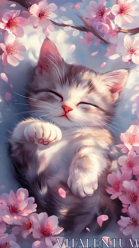 Serene Kitten Rests Among Blossoming Cherry Flowers