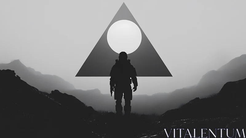 Silhouetted explorer before geometric portal in monochrome haze.