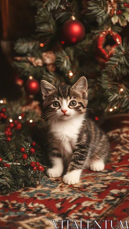 Tabby kitten in shallow-depth festive illumination study.