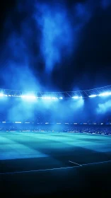 High-contrast night stadium under cinematic blue floodlights.